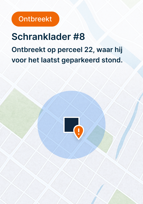 Kaart toont vermiste schranklader nr. 8, laatst geparkeerd op parkeerplek 22, met oranje pictogram en een locatiemarkering.