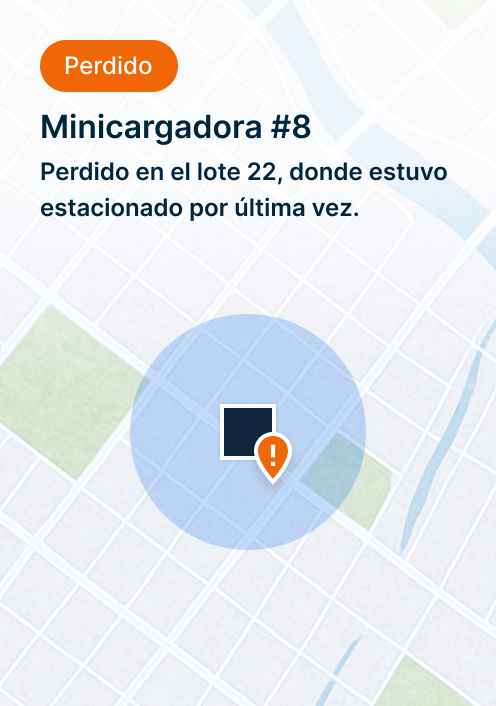 Mapa de minicargadora #8 perdida, estacionada en lote 22, con ícono de alerta y un marcador de ubicación.