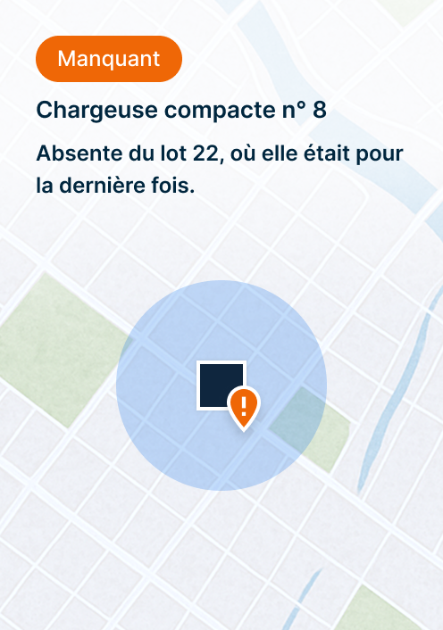 Carte d'une chargeuse compacte n°8 manquante, dernièrement garée dans le parking 22, avec une icône orange et l'emplacement.
