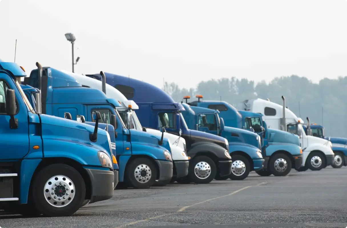 Row of semi trucks parked in a lot, mostly blue with one white truck, against a misty tree line background.