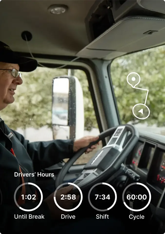 Truck driver at wheel with digital Drivers’ Hours display showing break, drive, shift and cycle time remaining.