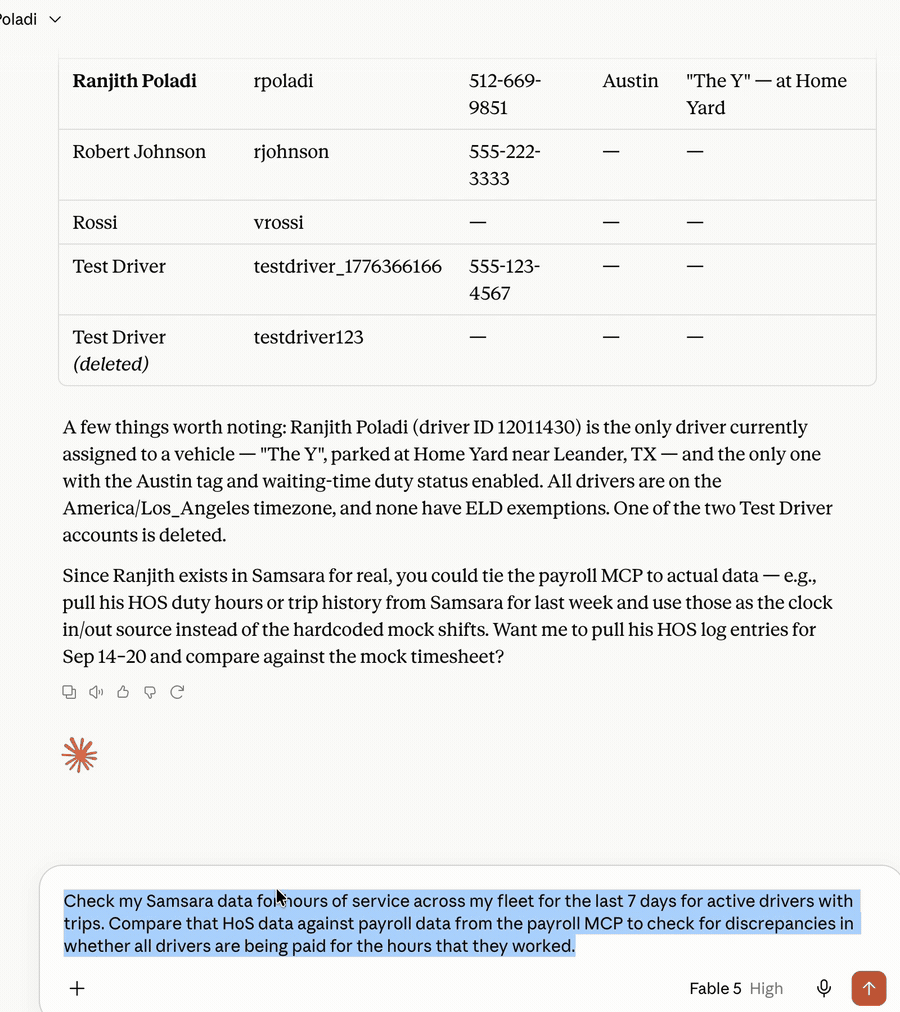Samsara MCP Demo: payroll analysis