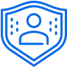 Blauw schildpictogram met een silhouet van een persoon erin, dat staat voor beveiligings- of beschermingsdiensten.