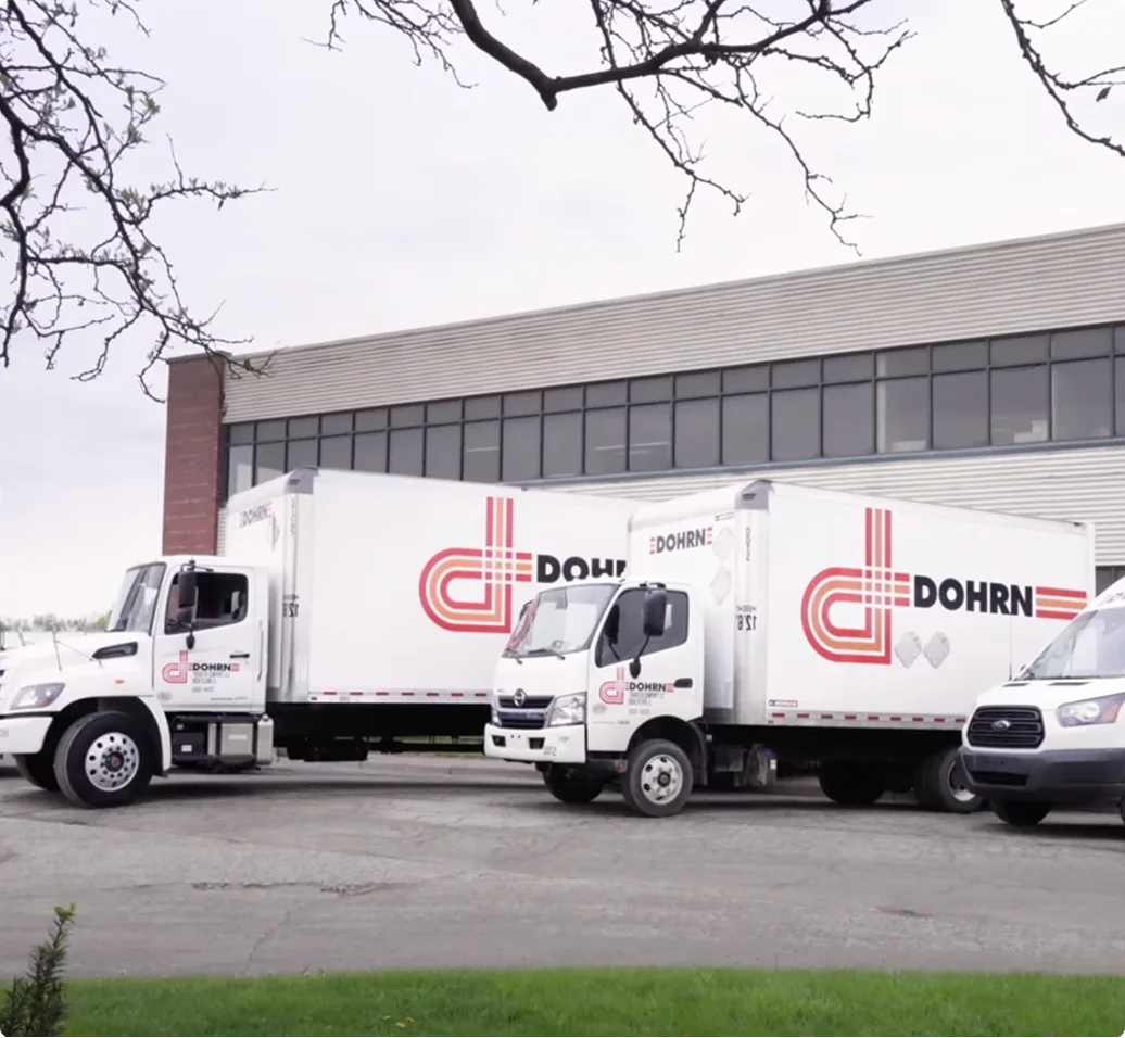 Two white Dohrn delivery trucks and a van parked outside a commercial building on an overcast day.
