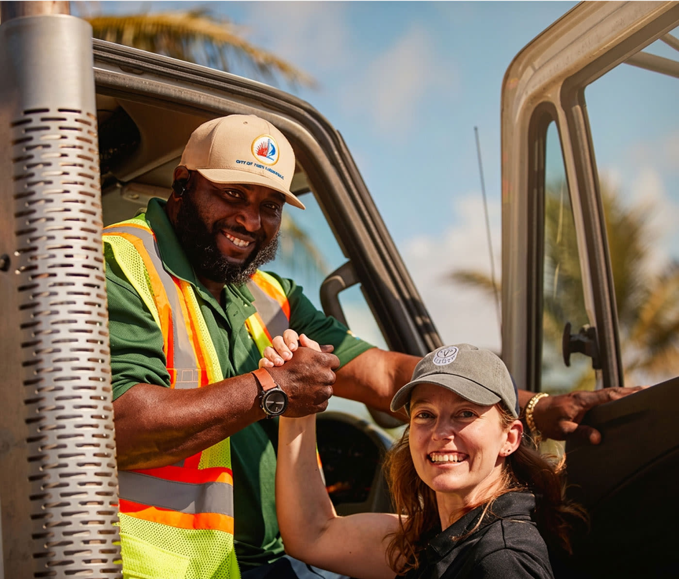 Two smiling workers in caps shake hands near a truck outdoors, one wearing a hi-vis safety vest, palm trees in background.