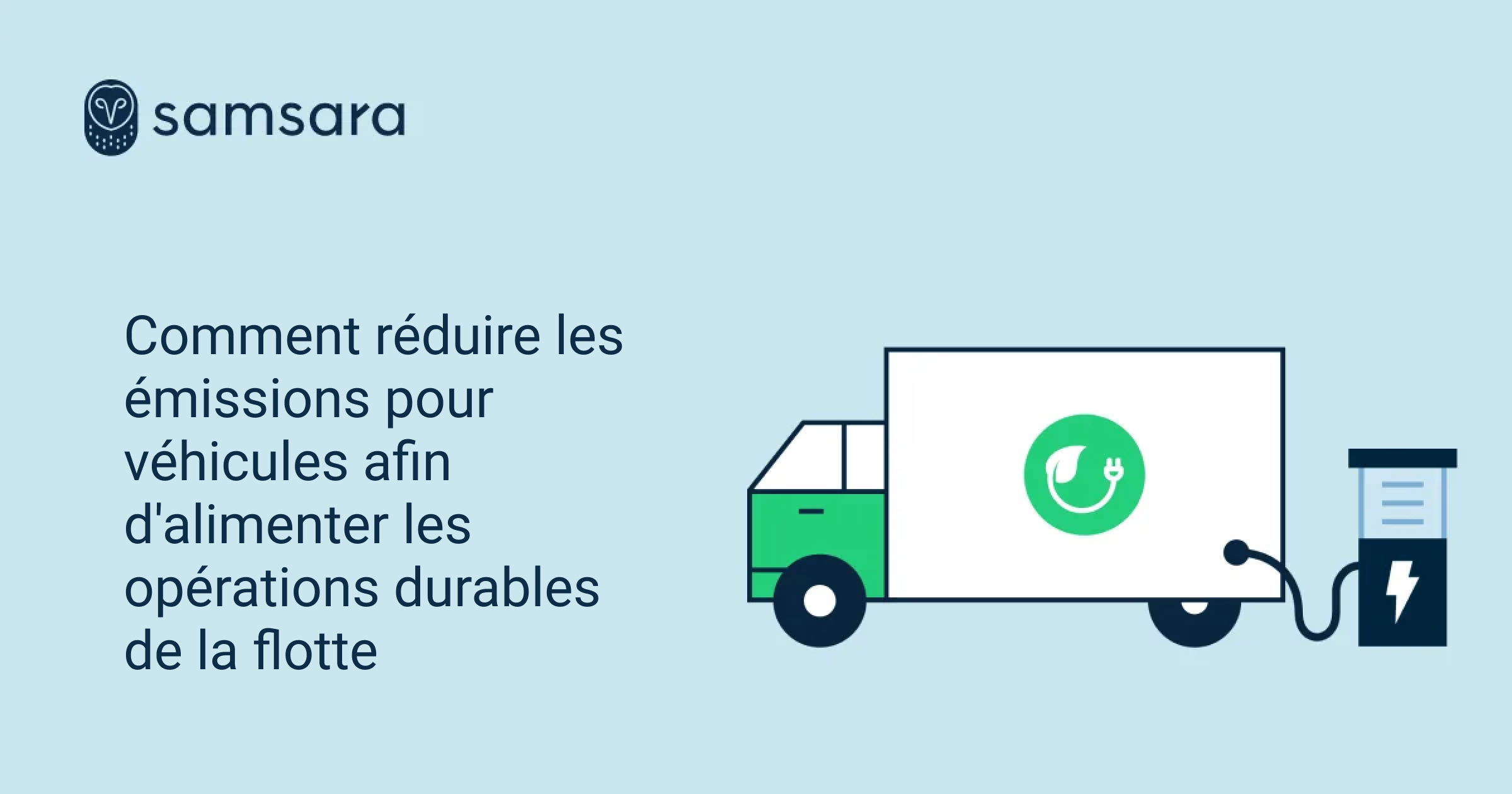 Camion électrique vert connecté à une borne de recharge avec texte sur la réduction des émissions de flotte de véhicules.