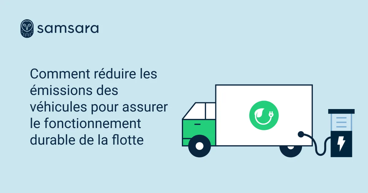 Camion électrique vert connecté à une borne de recharge avec texte sur la réduction des émissions de flotte de véhicules.