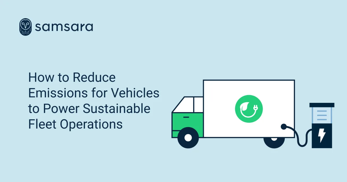 Samsara infographic showing an electric delivery truck connected to a charging station with text about reducing emissions.