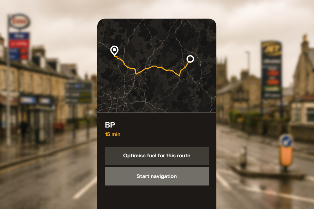 A navigation app showing a route to a BP station, 15 minutes away, with options to optimise fuel or start navigation.