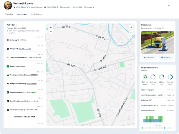 Chauffeurvolginterface met routekaart, activiteitentijdlijn en diensturen, met een witte vrachtwagen in de hoek.