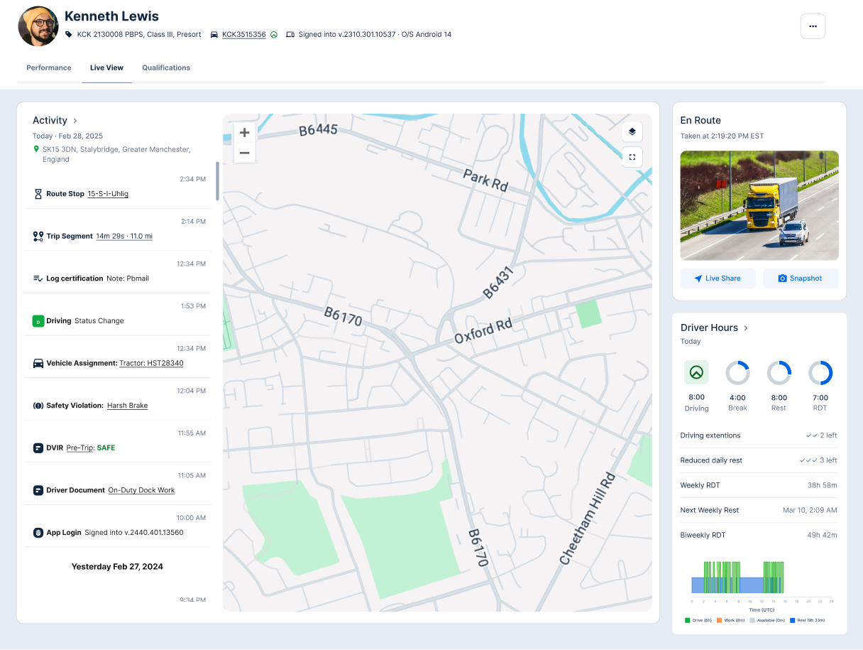 Driver tracking interface showing route map, activity timeline, hours of service, and a white truck at loading dock.
