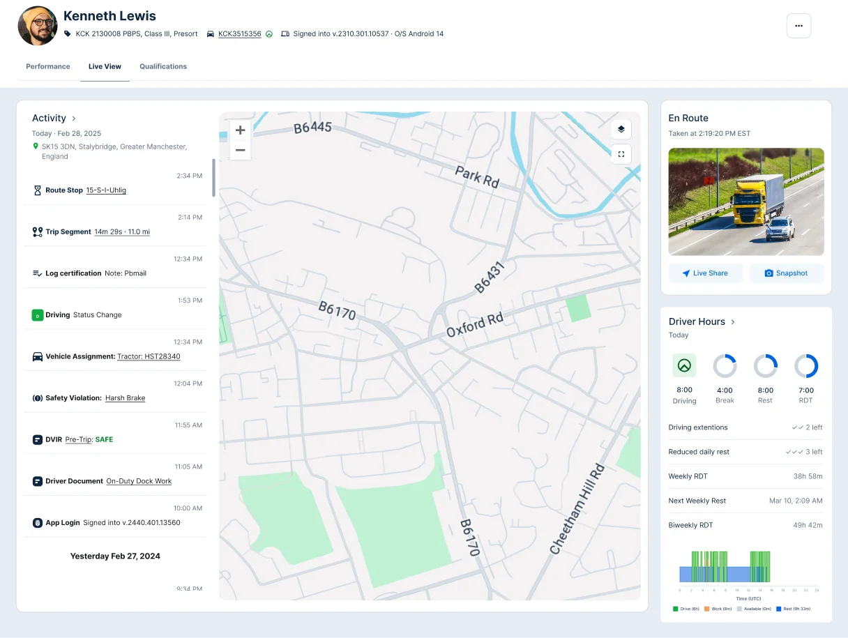 Driver tracking interface showing route map, activity timeline, hours of service, and a white truck at loading dock.