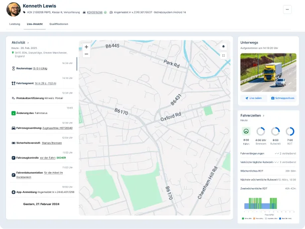 Benutzeroberfläche zur Fahrerverfolgung mit Routenkarte, Aktivitätszeitleiste und Betriebsstunden. Weißes LKW-Bild in Ecke.