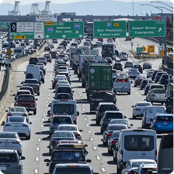 Heavy traffic congestion on a highway with multiple lanes and green directional signs for San Francisco and Powell Street.