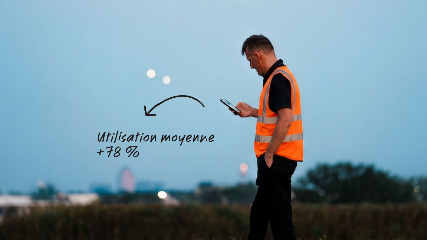 Homme en gilet orange de sécurité consultant son téléphone en extérieur, avec la mention "Utilisation moyenne +78 %".