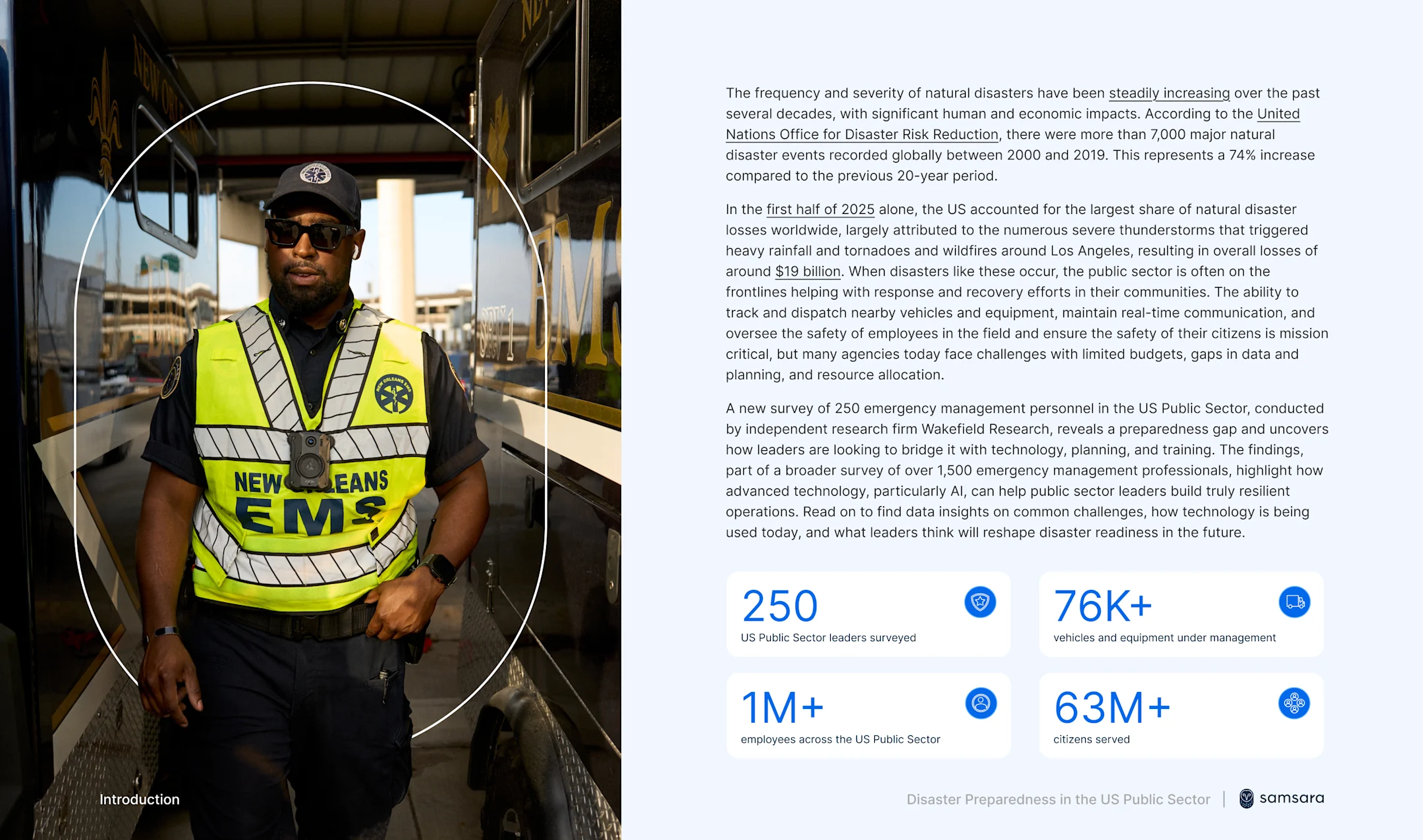 Emergency responder in high-visibility "NEW ORLEANS EMS" vest standing inside what appears to be a transit vehicle.