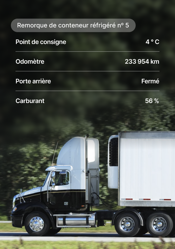 Tableau de bord numérique pour remorque de conteneur réfrigéré nᵒ 5 affichant température, kilométrage, et l'état de la porte