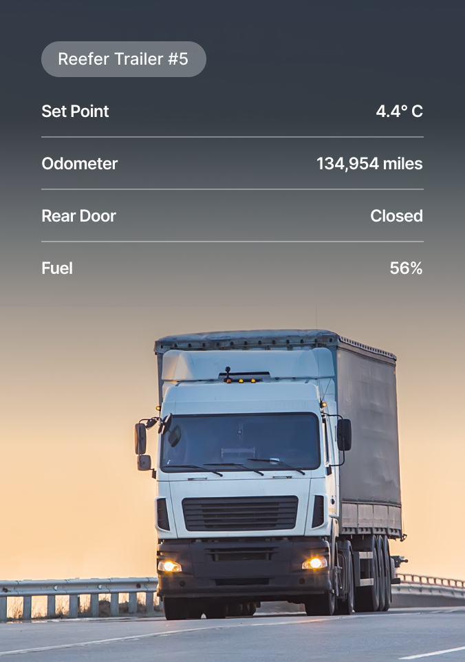 Digital dashboard for Reefer Trailer #5 showing temperature, mileage, door status and fuel level