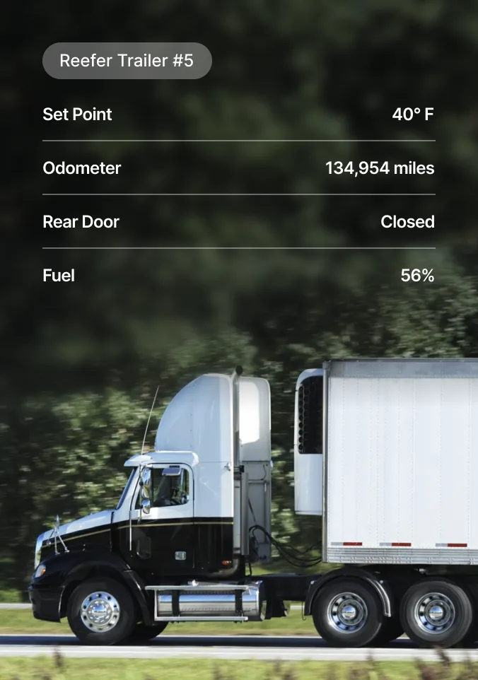 Digital dashboard for Reefer Trailer #5 showing temperature, mileage, door status and fuel level