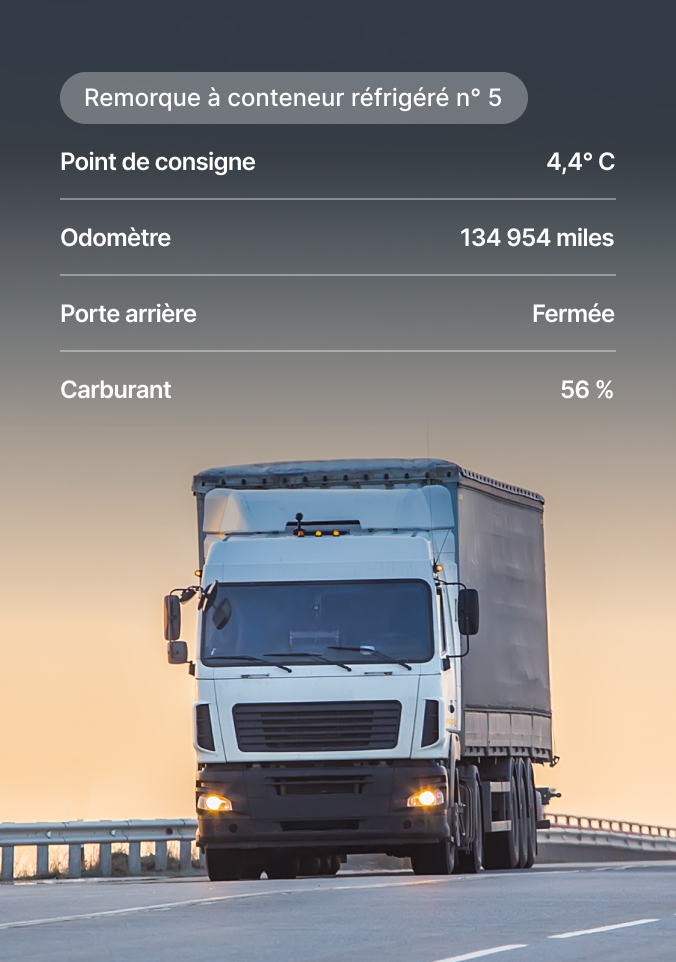 Tableau de bord numérique pour le conteneur réfrigéré n° 5 affichant la température, le kilométrage et d’autres paramètres