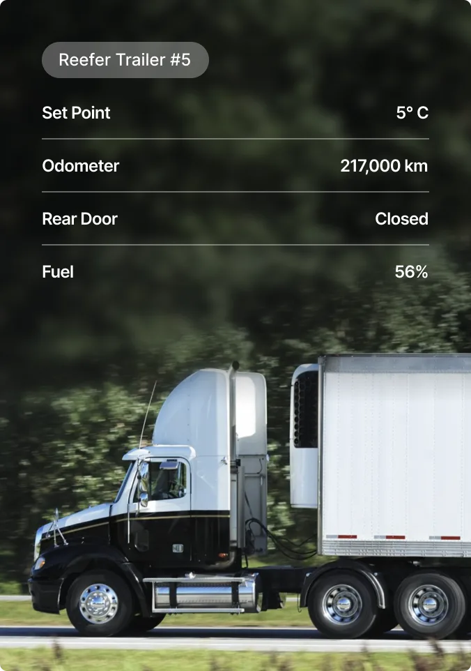 Digital dashboard for Reefer Trailer #5 showing temperature, mileage, door status and fuel level