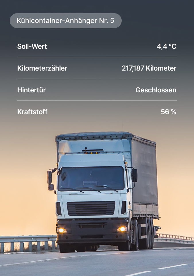 Dashboard für Kühlcontainer-Anhänger Nr. 5 mit Anzeige von Temperatur, Kilometerstand, Türstatus Kraftstoffstand