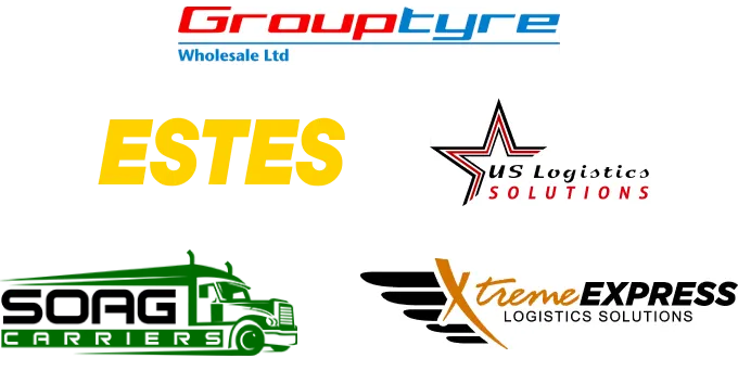 Samsara customer logos collage of: GroupTyre, ESTES, US Logistics Solutions, Southern AG Carriers, Xtreme Express