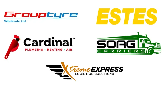 Samsara customer logos collage of: GroupTyre, ESTES, Cardinal, Southern AG Carriers, Xtreme Express