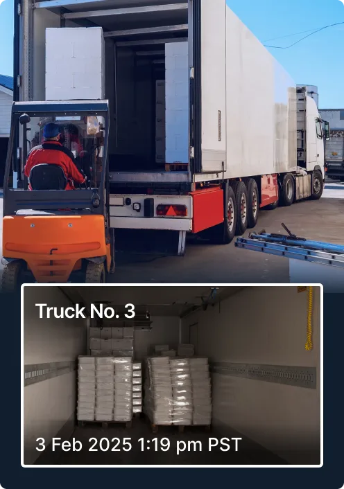 Worker loading packages into refrigerated truck with forklift; interior view shows stacked white containers.