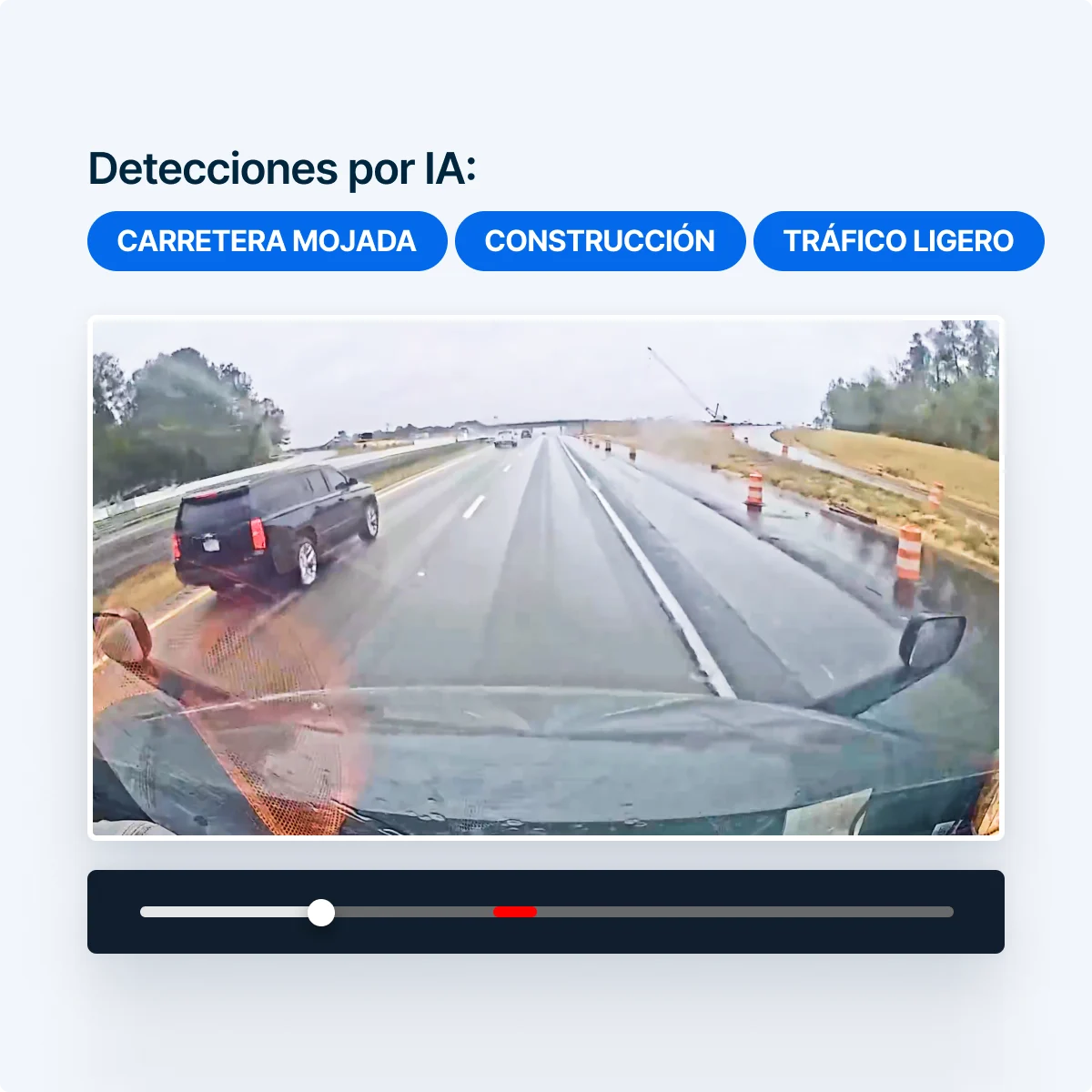 Vista del tablero desde el vehículo de autopista mojada, obras viales y detección por IA para las condiciones de carretera.