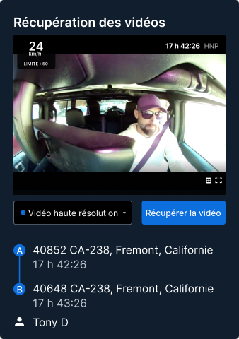 Enregistrement de la caméra intérieure du véhicule montrant le conducteur à 24 km/h, avec l’interface de récupération.