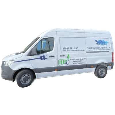 Front Runner Logistics delivery van with company branding, phone, and eco-friendly carbon footprint messaging on the side.