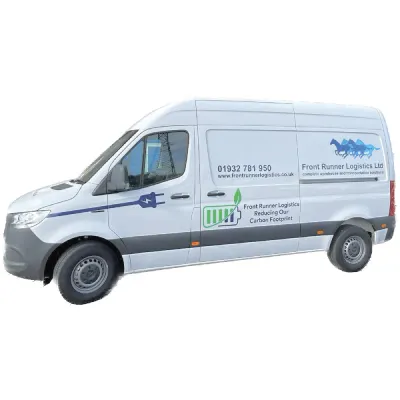 Front Runner Logistics delivery van with company branding, phone, and eco-friendly carbon footprint messaging on the side.