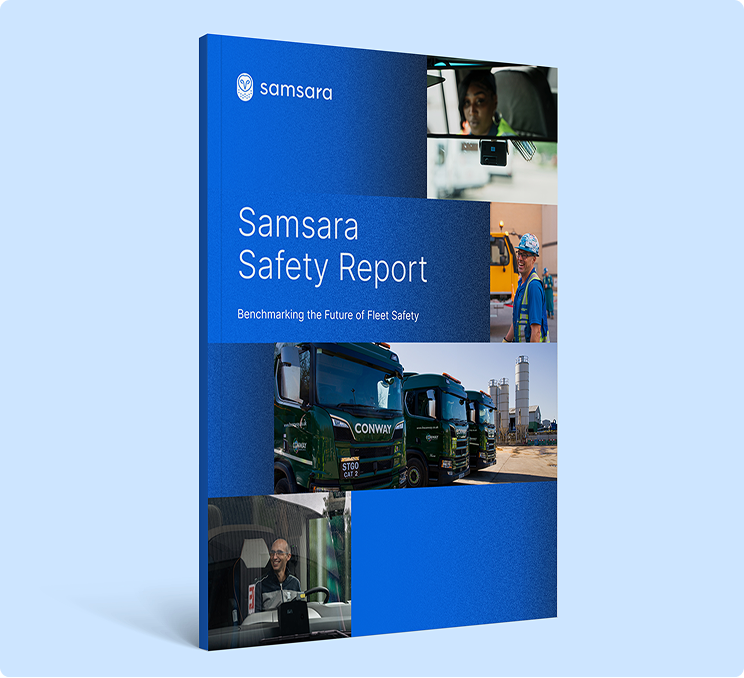Portada del informe de seguridad de Samsara con fondo azul que presenta vehículos de la flota y trabajadores
