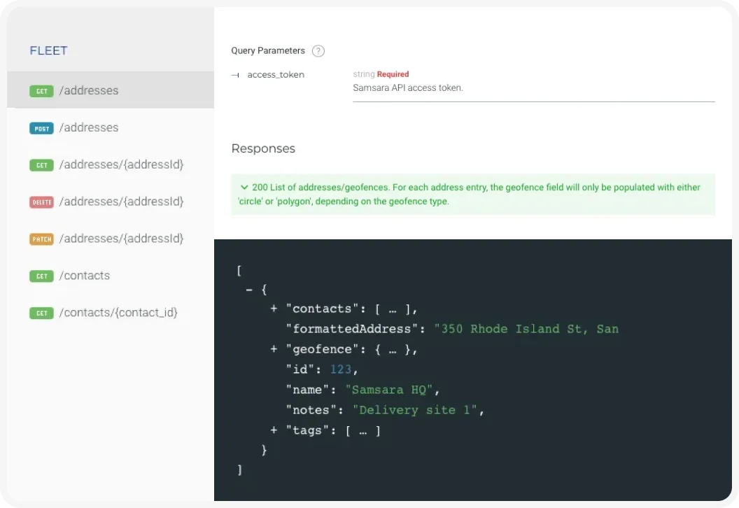 Codeansicht der Samsara-API und des Webhook-Dashboards