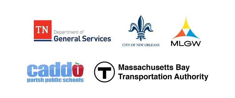 Logos of various organizations including TN Department of Health, City of New Orleans, MLGW, Caddo Parish Schools, and MBTA.