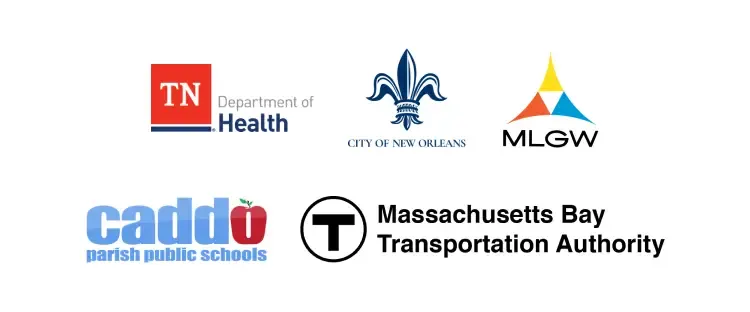 Logos of various organizations including TN Department of Health, City of New Orleans, MLGW, Caddo Parish Schools, and MBTA.