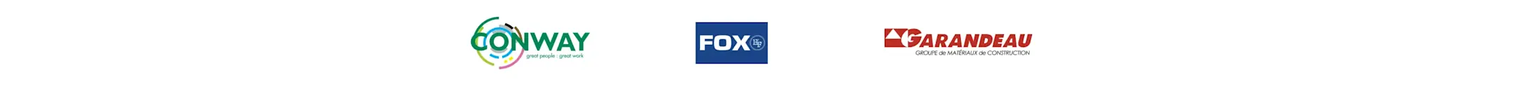 Logo's van drie bedrijven: Conway met kleurrijke cirkels, FOX in een blauw vak, en Garandeau in rood als bouwmaterialengroep.