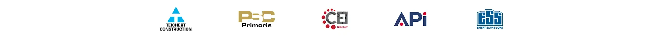 Row of five company logos: Teichert, PSD Primoris, CEI, API, and Emery Sapp & Sons displayed horizontally.