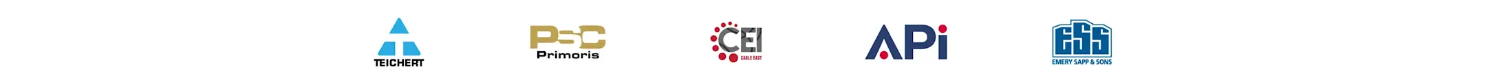 Row of five company logos: Teichert, PSD Primoris, CEI, API, and Emery Sapp & Sons displayed horizontally.
