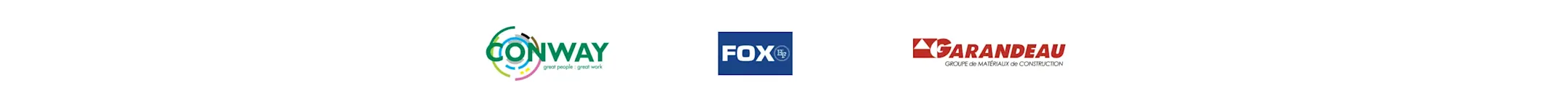 Logos de trois entreprises : Conway avec slogan coloré, Fox en bleu, et Garandeau, groupe de matériaux de construction.
