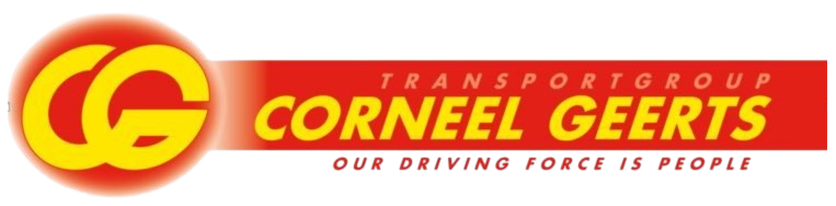 Logo van Transportgroup Corneel Geerts met gele letters op rode achtergrond en slogan "Our driving force is people"