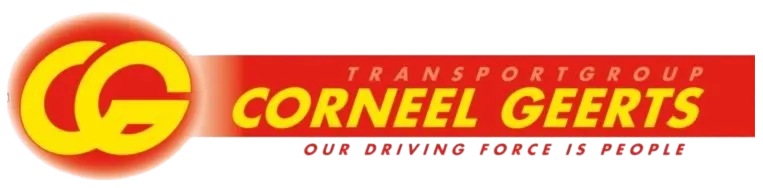 Logo van Transportgroup Corneel Geerts met gele letters op rode achtergrond en slogan "Our driving force is people"