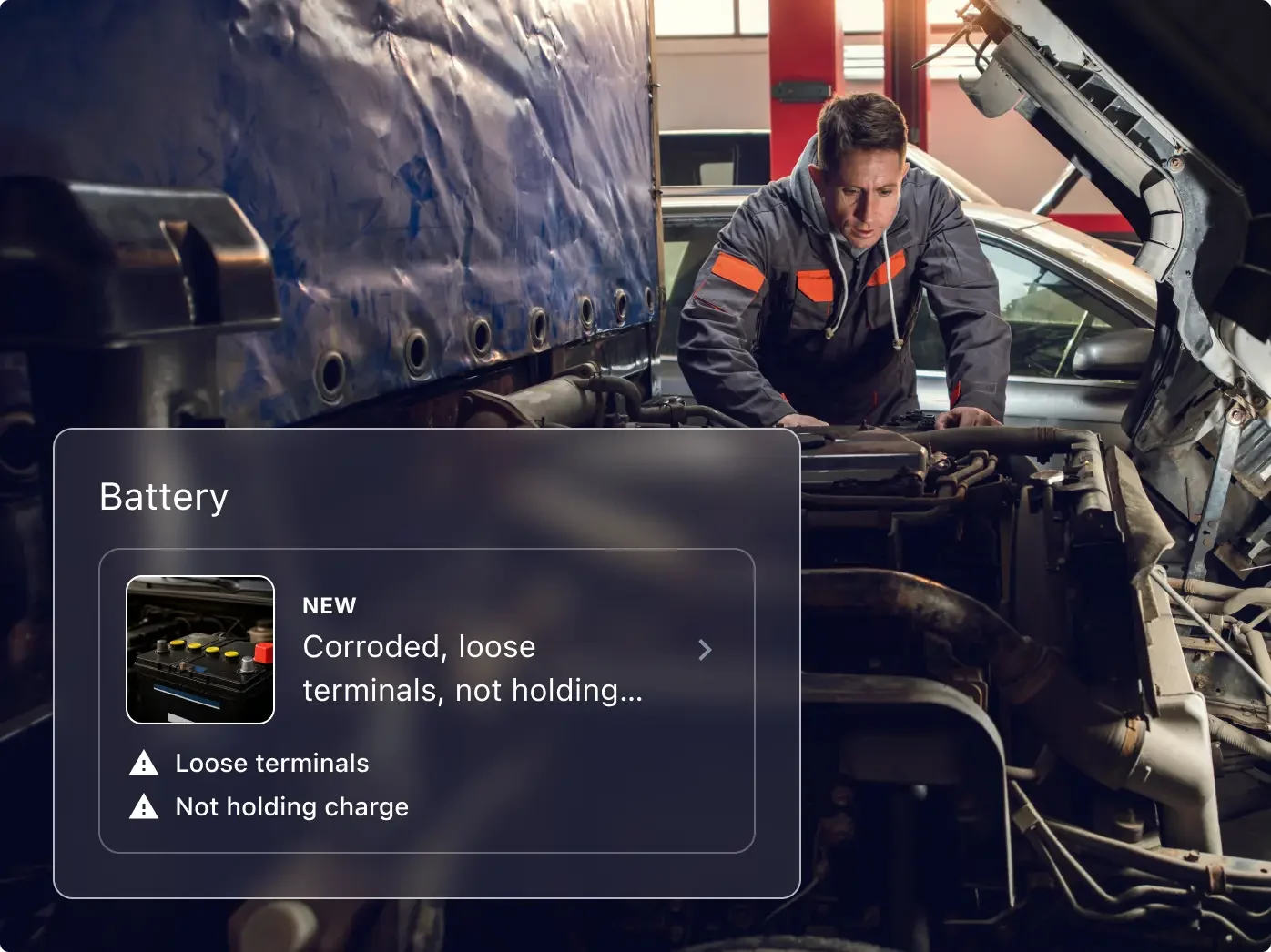 Mechanic examining car engine with diagnostic overlay showing battery issues: loose terminals and not holding charge.