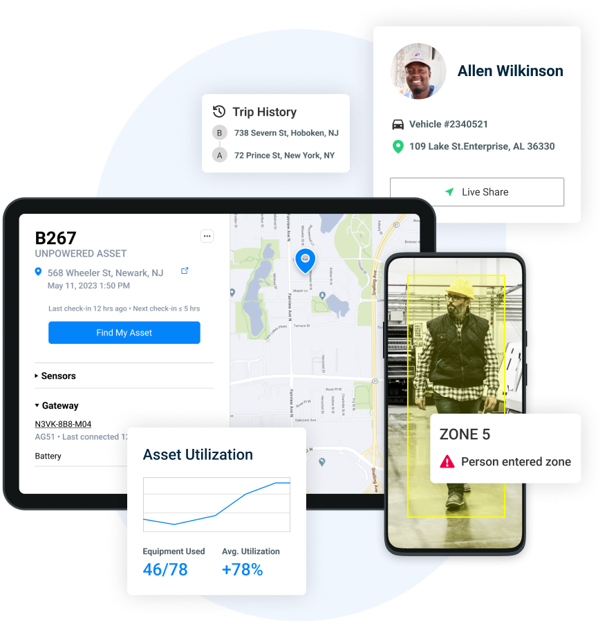Tablet und Handy, die Funktionen der Samsara-Plattform wie Asset-Auslastung, Fahrtenverlauf und Fahrerinformationen anzeigen.