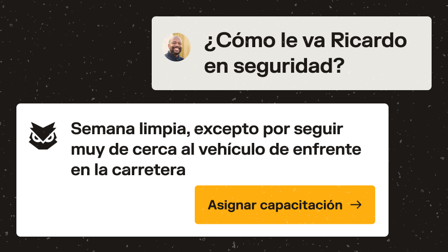 Tarjeta de seguridad de Ricardo con alerta por seguir de cerca vehículos y botón amarillo para asignar capacitación.