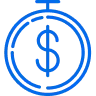 Blue outline icon of a stopwatch with a dollar sign in the center, representing time and money.
