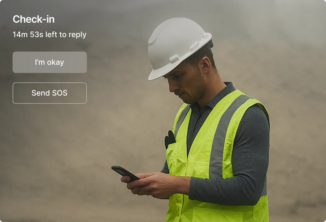 Construction worker in white helmet and yellow safety vest checking phone with safety check-in interface showing.