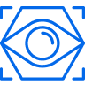 Blauw zeshoekig pictogram met een oogsymbool aan de binnenkant, dat staat voor visuele of bewakingstechnologie.