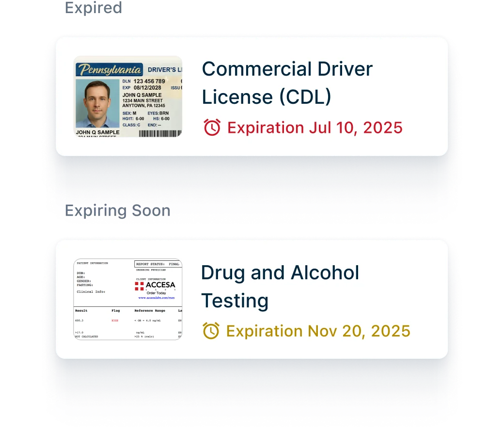 Digital display showing CDL license expiring July 2025 and drug testing certification expiring November 2025.